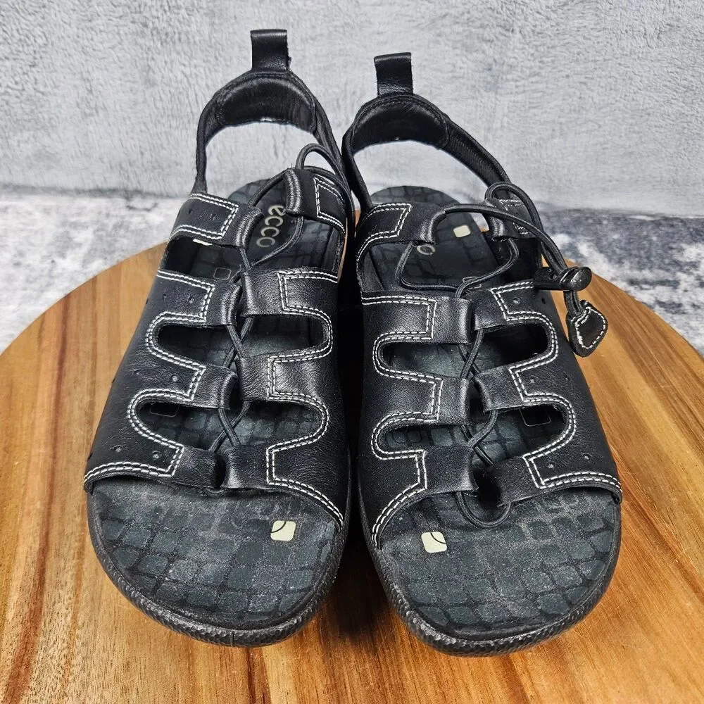 ECCO Jab Toggle Gladiator Sandals Women 38 US 7.5 Black Leather Bungee Fisherman